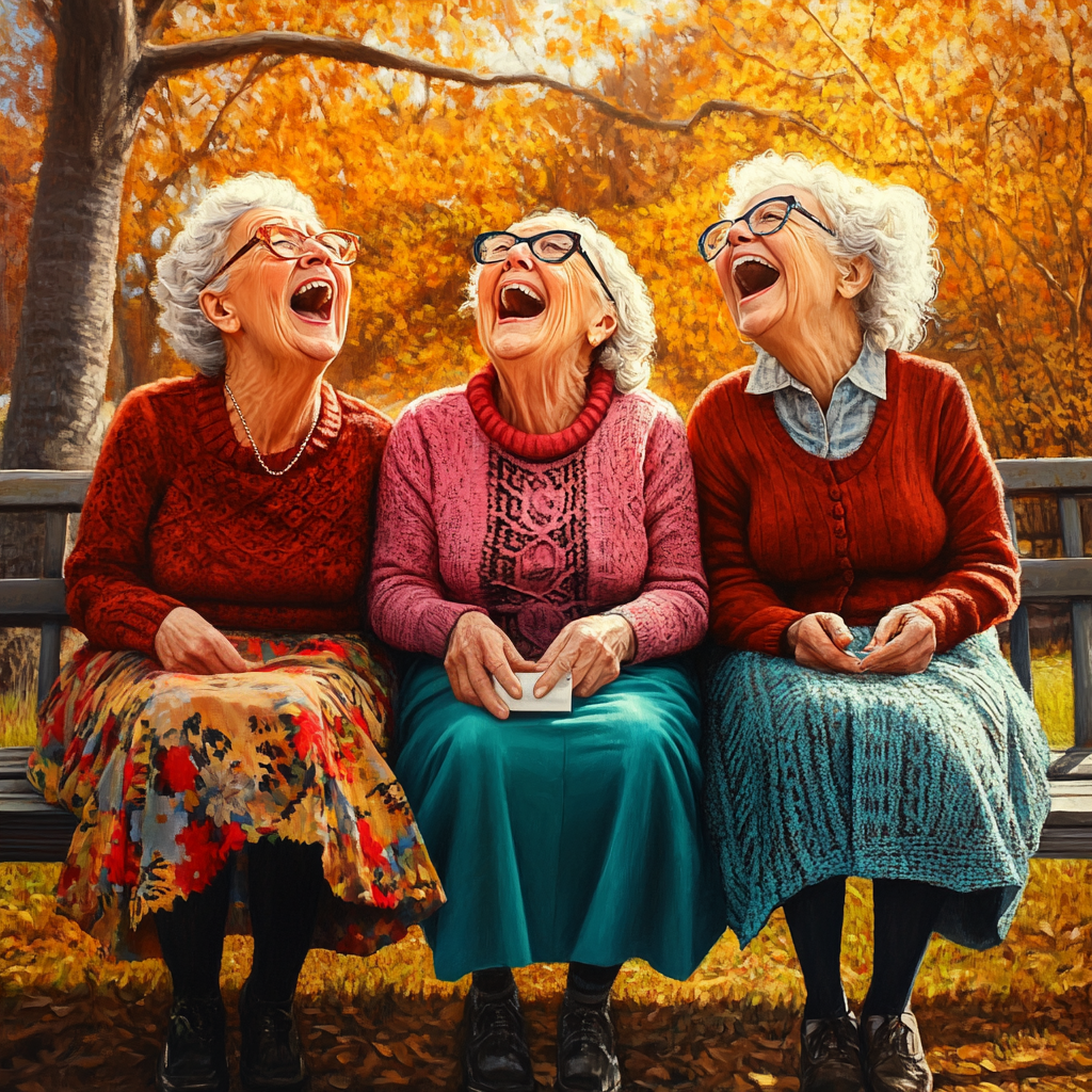 Trois dames âgées qui rient dans un parc | Source : Midjourney