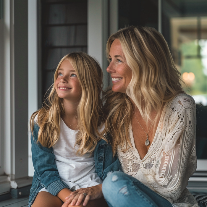 Un duo mère-fille assis sous le porche | Source : Midjourney