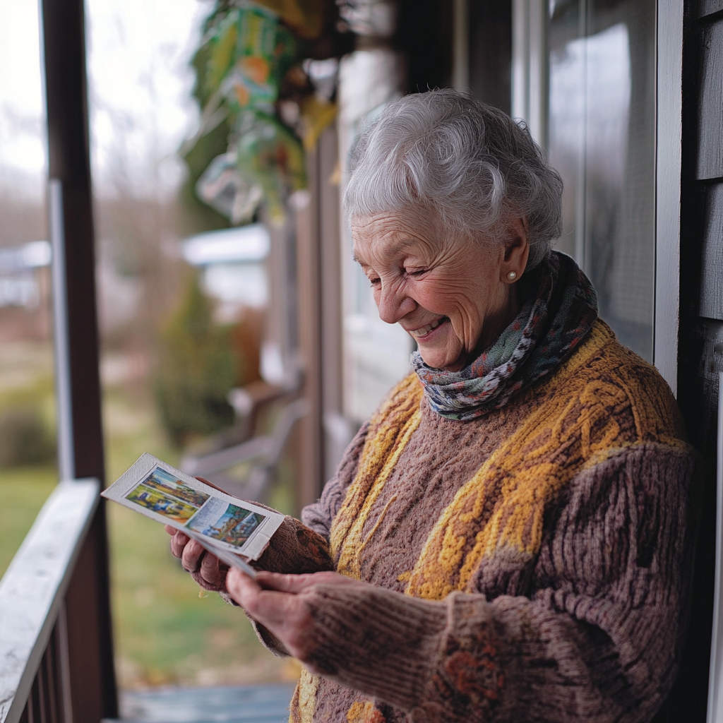 Une femme heureuse avec une carte postale | Source : Midjourney