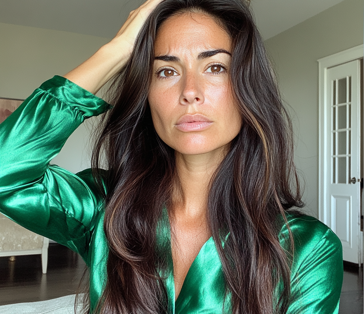 Une femme en blouse verte se tenant la tête | Source : Midjourney