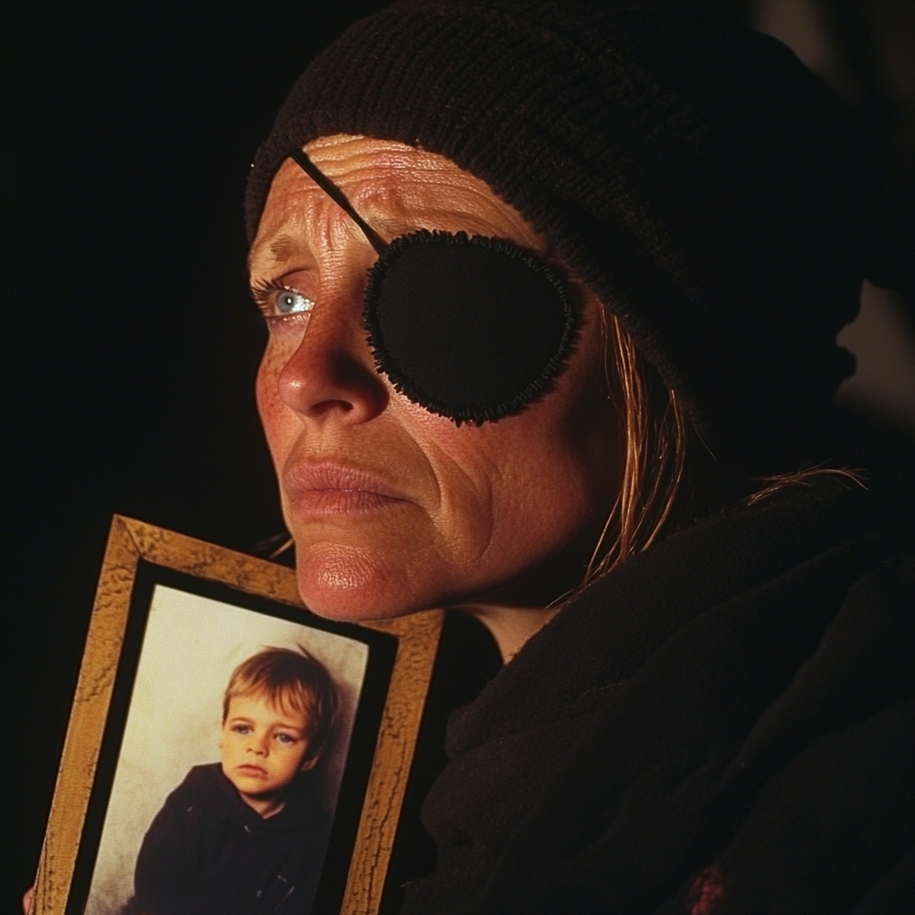 Une mère au cœur brisé tient la photo d'enfance de son fils | Source : Midjourney