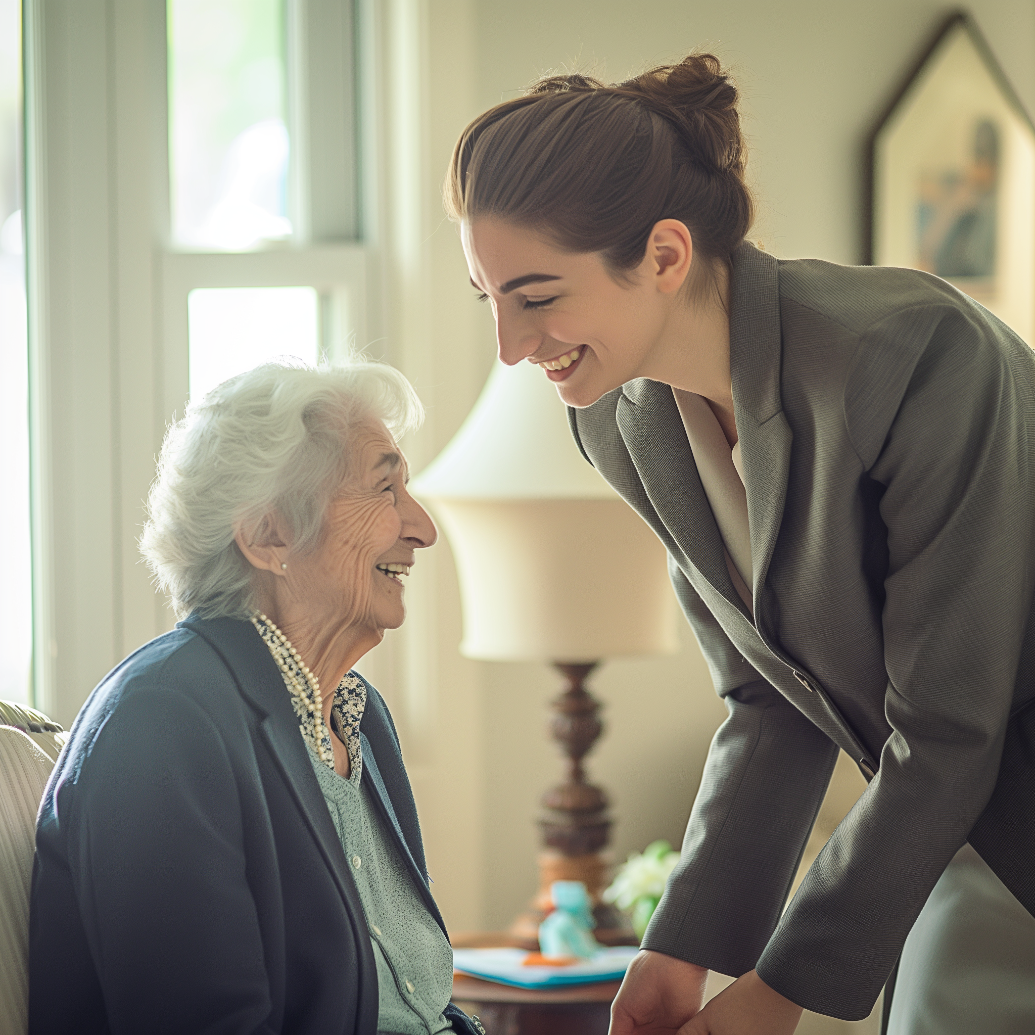 Une femme élégamment vêtue parle à une dame âgée dans la chambre d'une maison de retraite | Source : Midjourney