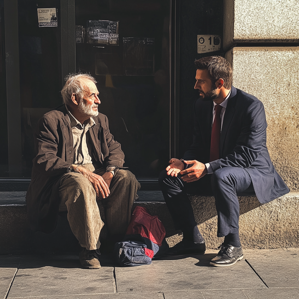 Un sans-abri discute avec un homme d'affaires prospère | Source : Midjourney