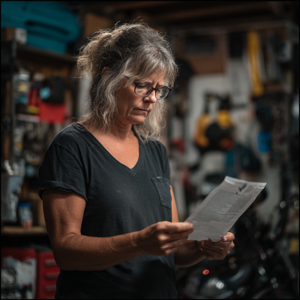 Une femme lisant un journal dans un garage | Source : Midjourney