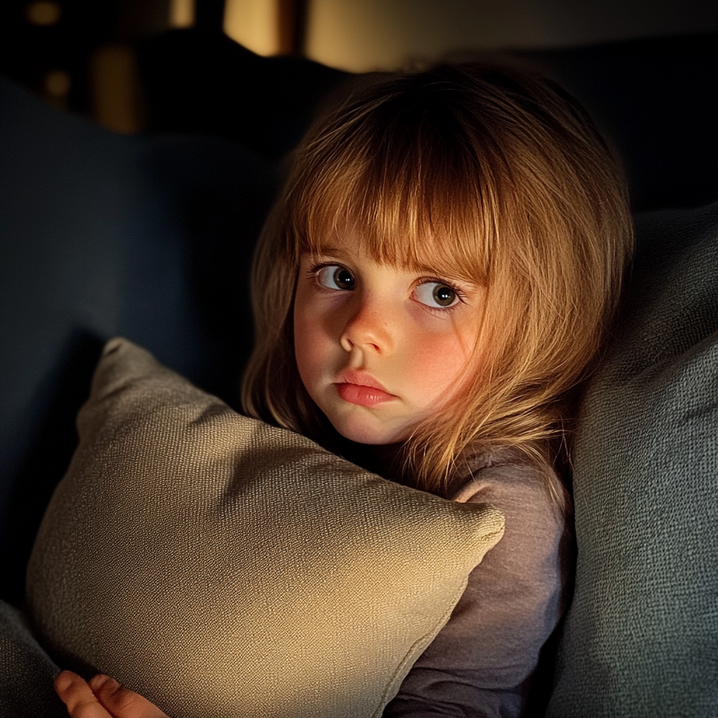 Une petite fille assise sur un canapé | Source : Midjourney