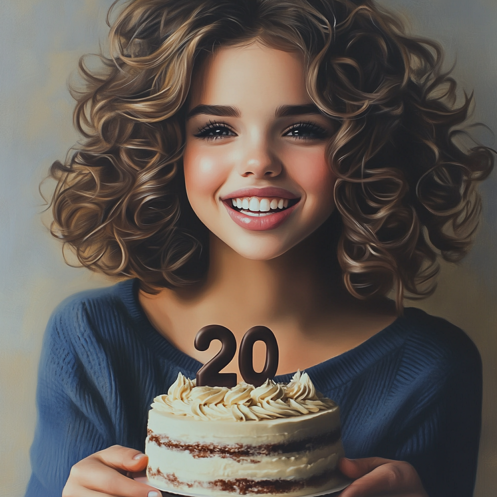 Une femme joyeuse tenant son gâteau d'anniversaire de 20 ans | Source : Midjourney