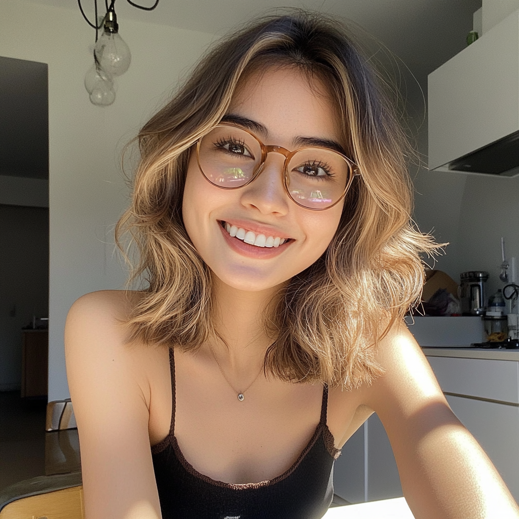 Une femme souriante assise à une table | Source : Midjourney