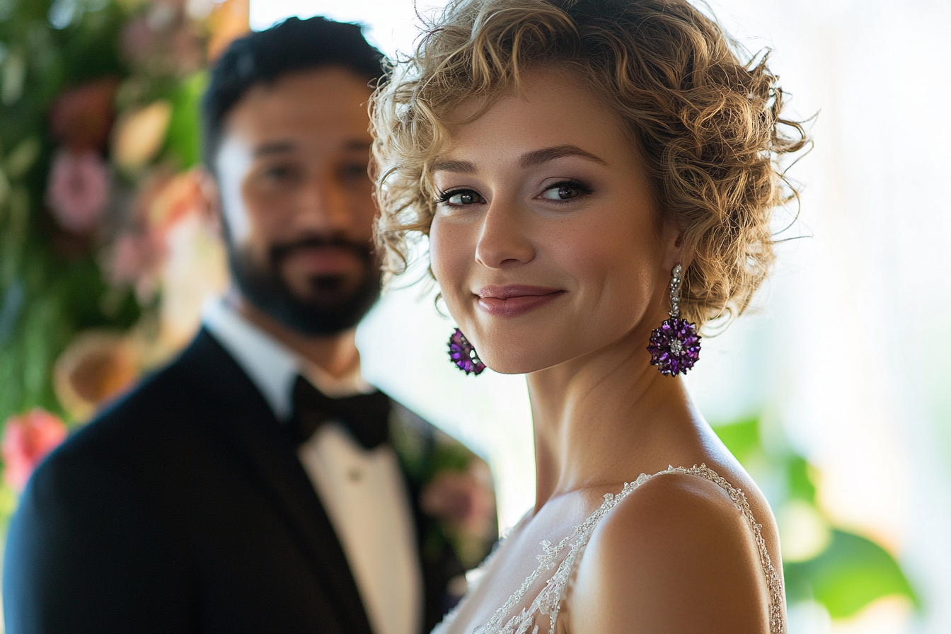 A smiling bride in front of a smiling groom | Source: Midjourney