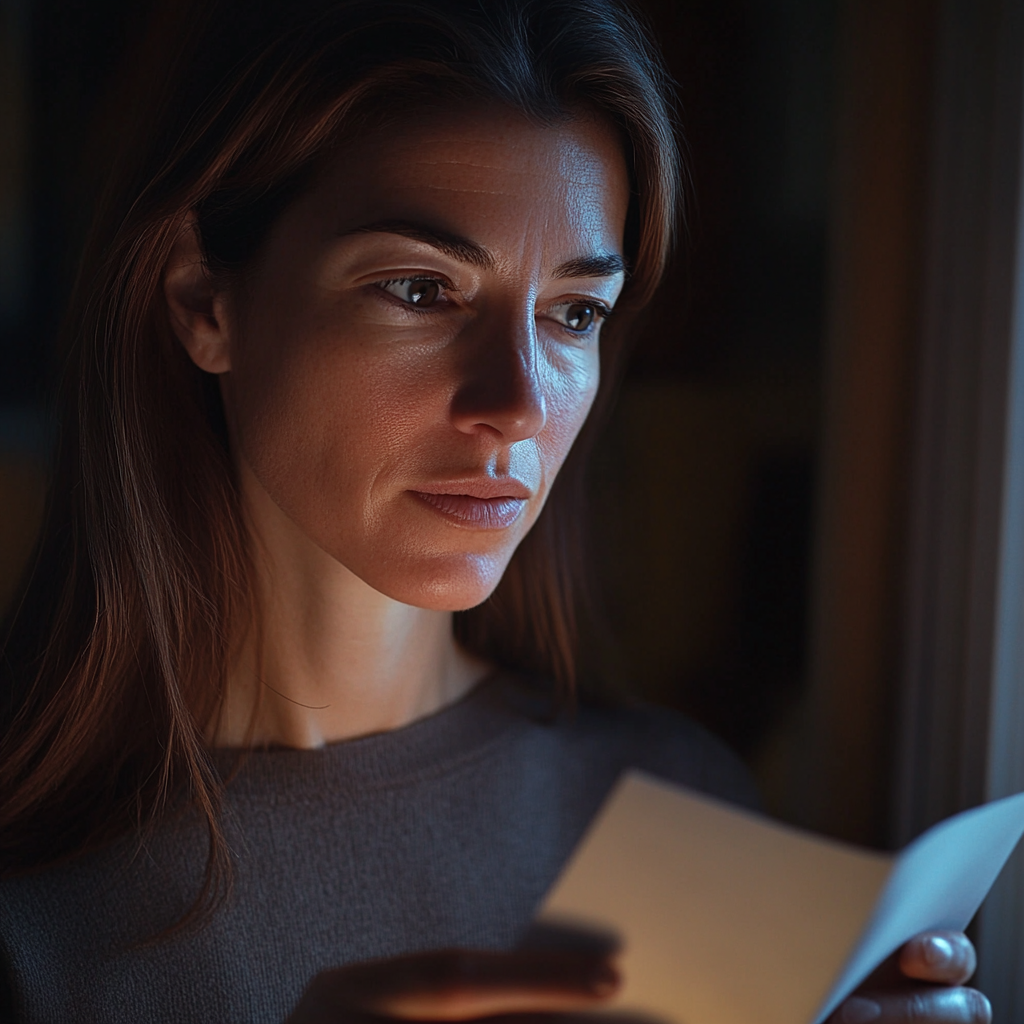 Une femme regarde une note dans ses mains | Source : Midjourney