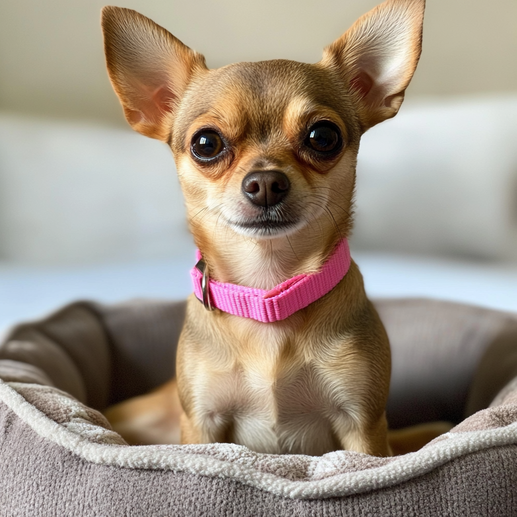 Un chihuahua assis sur un lit pour animaux de compagnie | Source : Midjourney