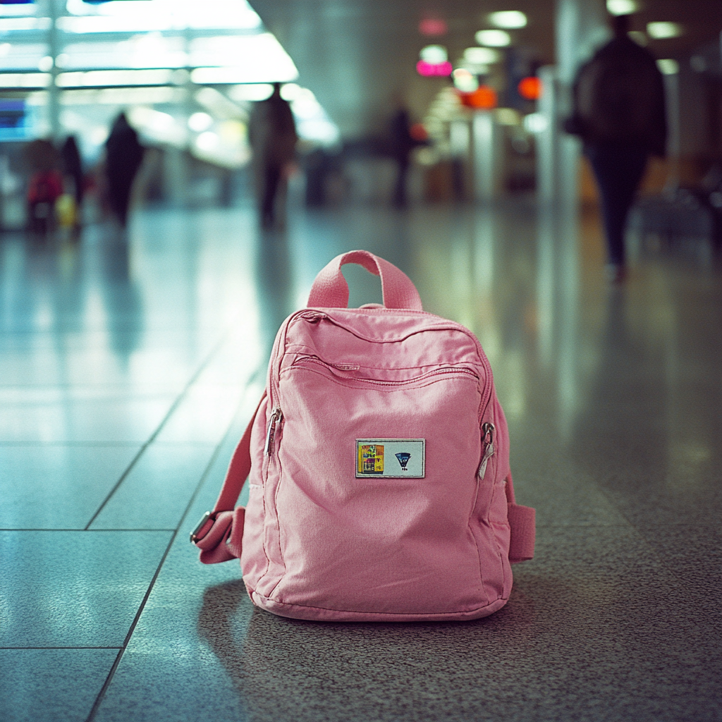 Un sac à dos rose sur le sol de l'aéroport | Source : Midjourney