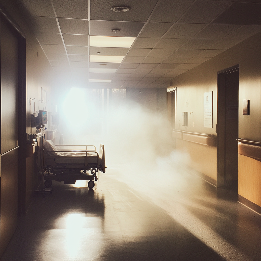 Fumée dans un couloir d'hôpital | Source : Midjourney