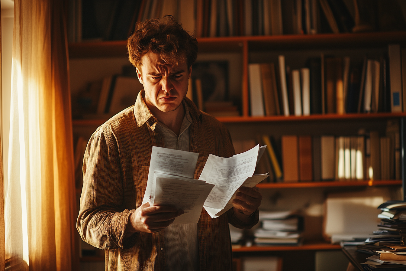 Homme en colère tenant des documents dans un bureau | Source : Midjourney