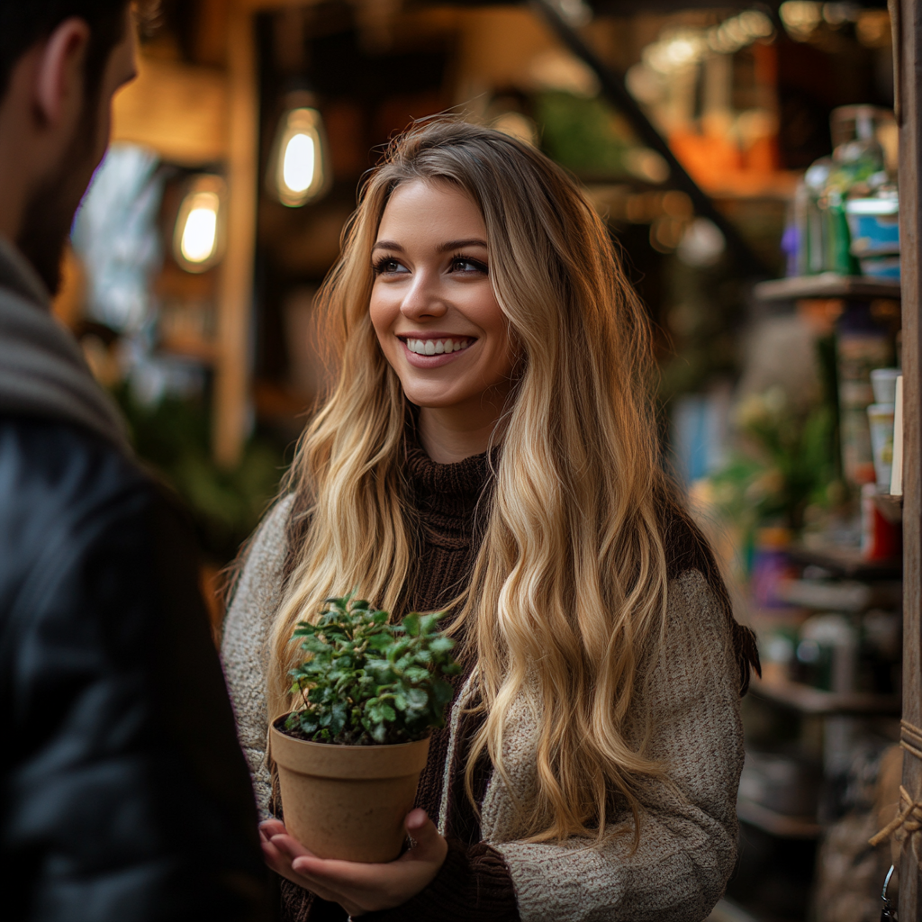 Une femme souriante avec une plante en pot | Source : Midjourney