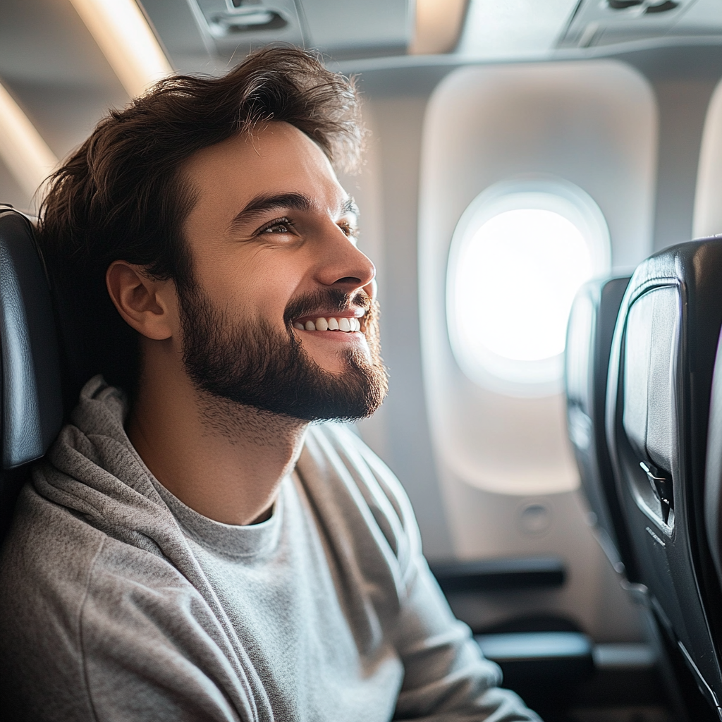 Un homme dans un avion qui sourit à quelqu'un | Source : Midjourney