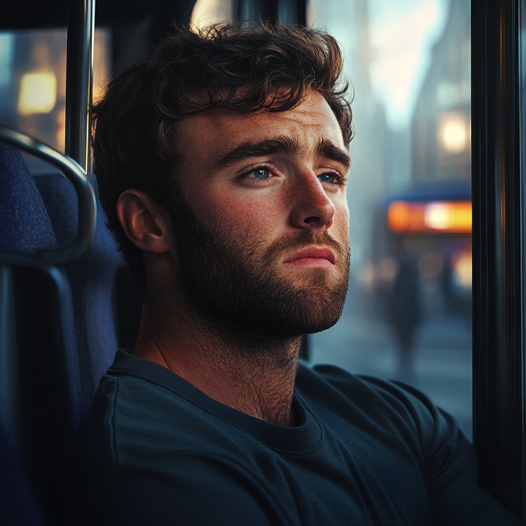 Un homme triste assis dans un bus | Source : Midjourney