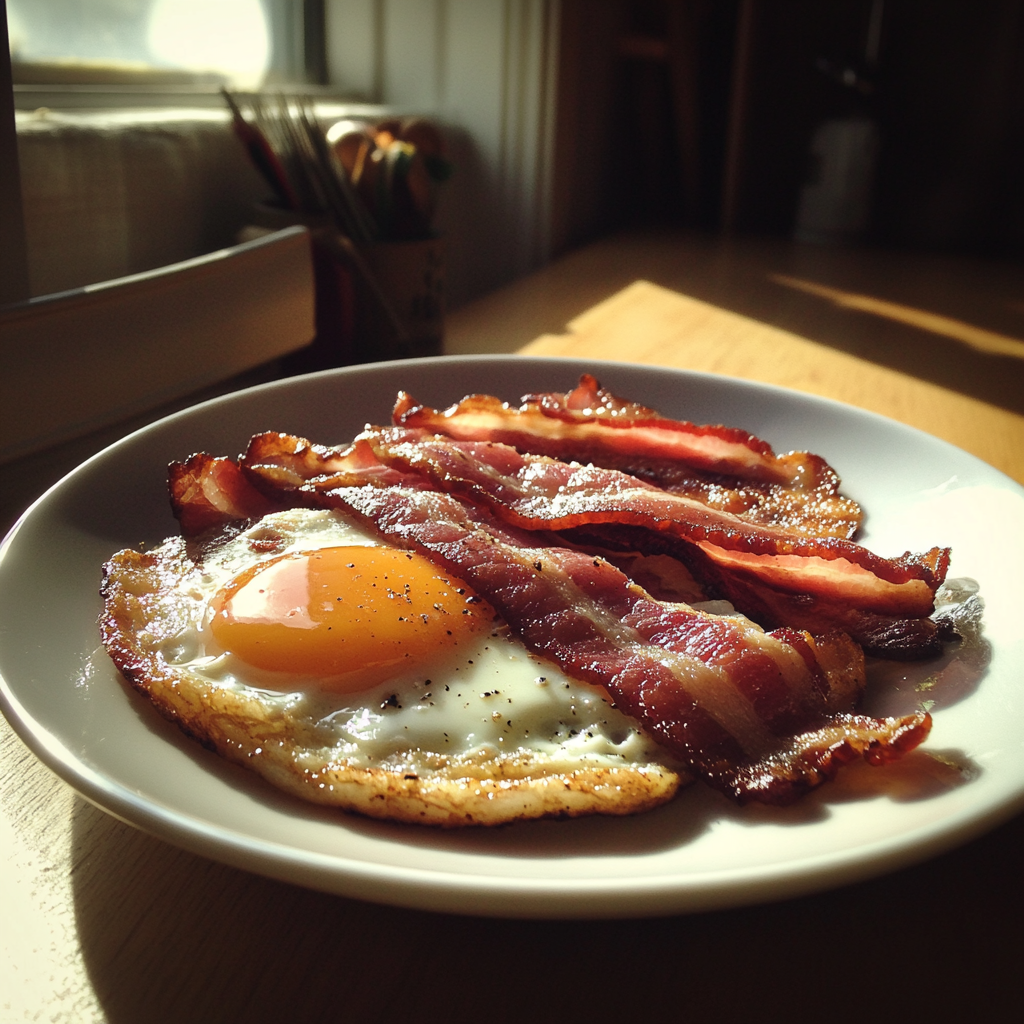 Bacon et œufs sur une assiette | Source : Midjourney