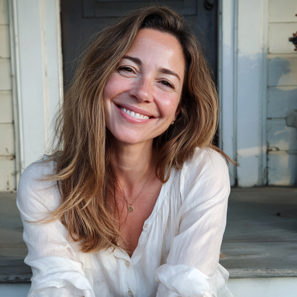 Une femme souriante assise sous un porche | Source : Midjourney
