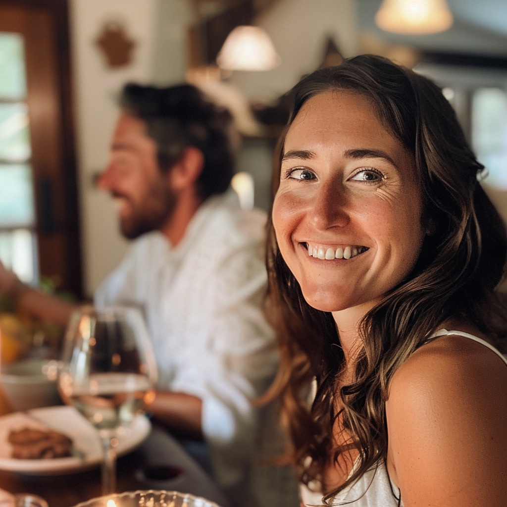 Une femme souriant pendant un dîner avec un homme souriant en arrière-plan | Source : Midjourney