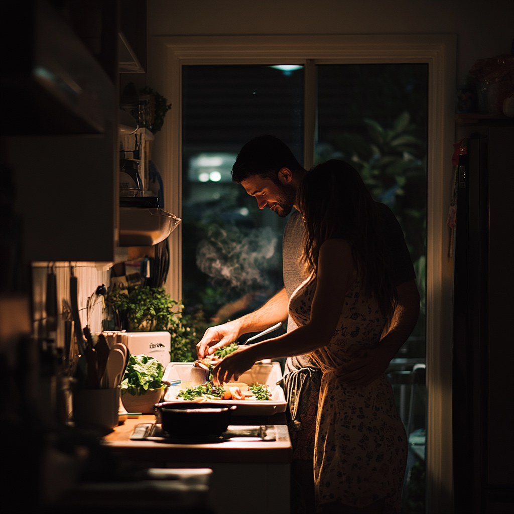 Couple dans la cuisine en train de préparer le dîner | Source : Midjourney