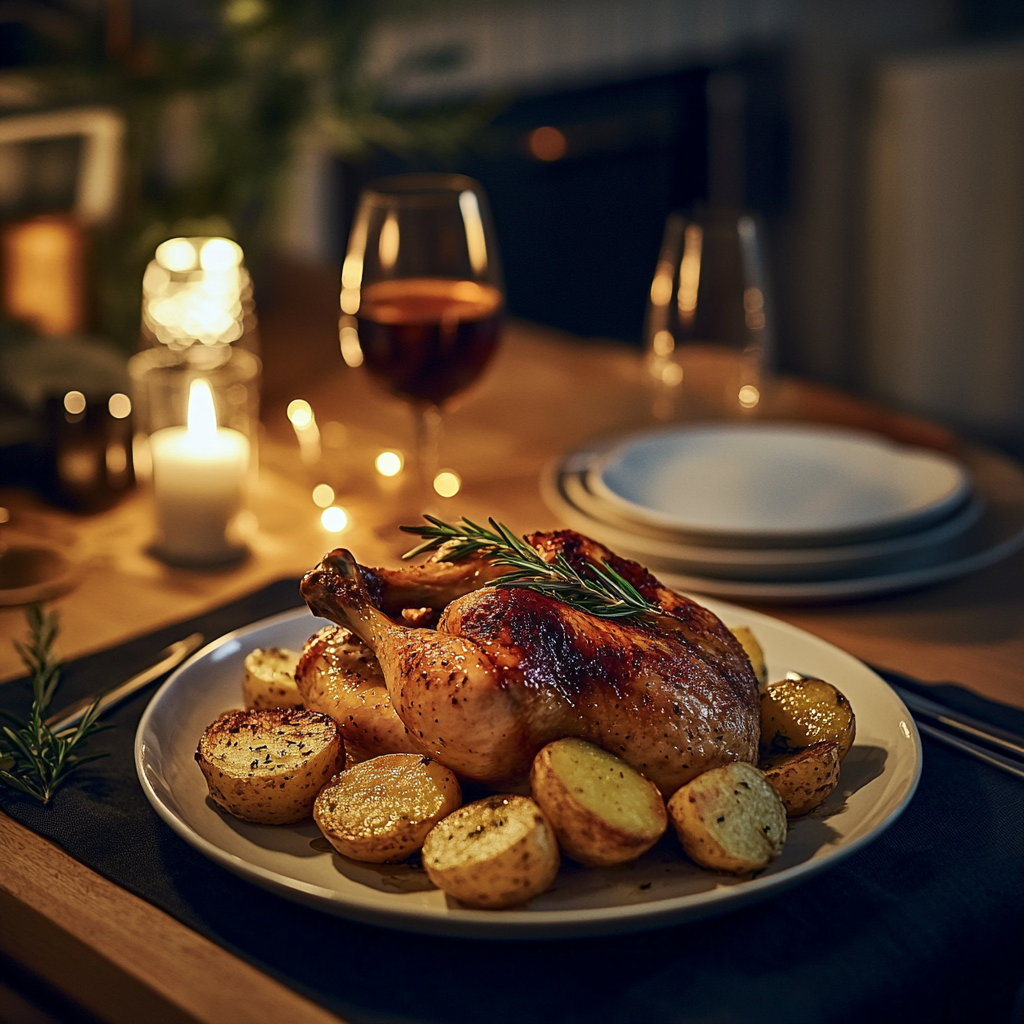 Une photo montrant du poulet rôti servi avec des pommes de terre au romarin pour le dîner | Source : Midjourney