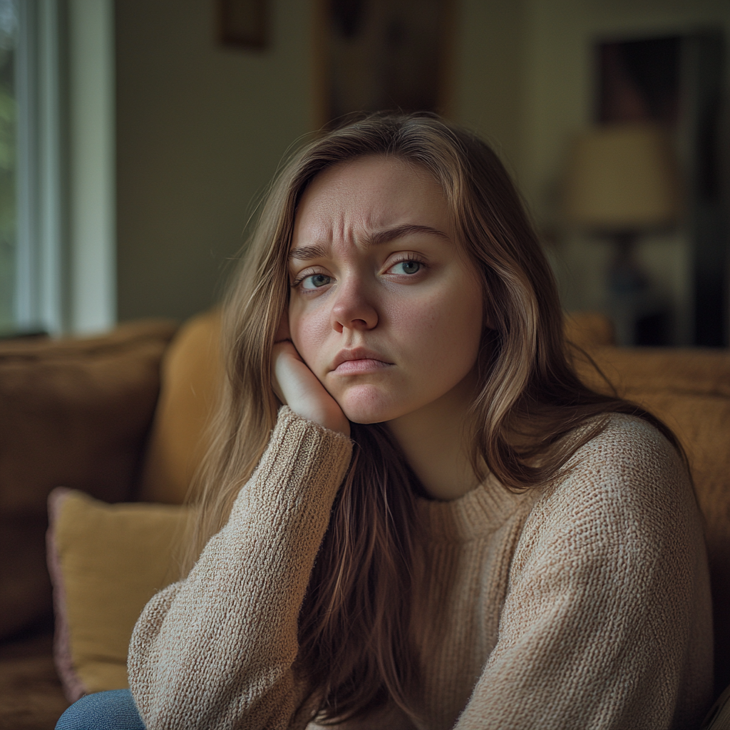 Exhausted and upset woman sitting at home | Source: Midjourney