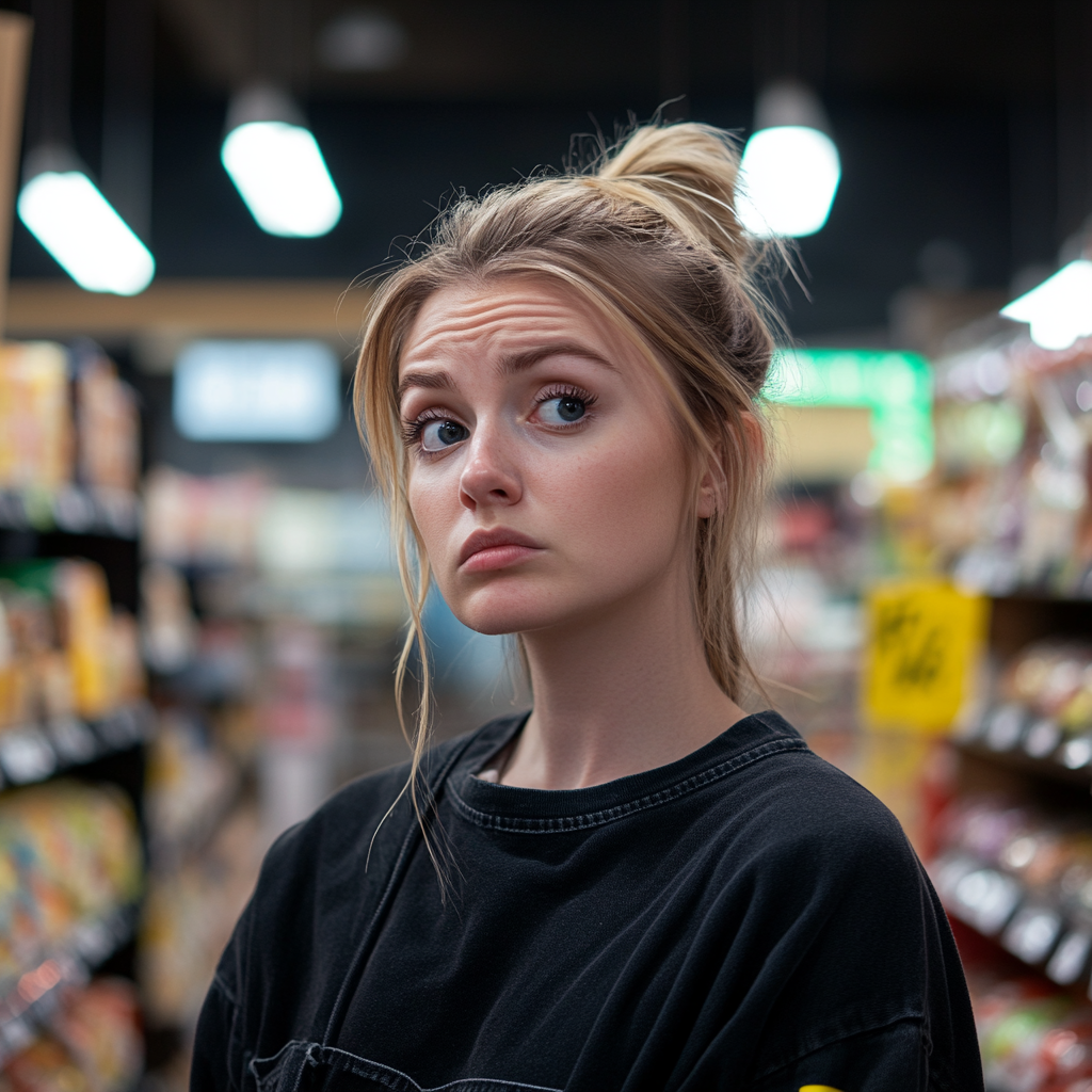 Une femme a l'air surprise et inquiète alors qu'elle se trouve dans une épicerie | Source : Midjourney