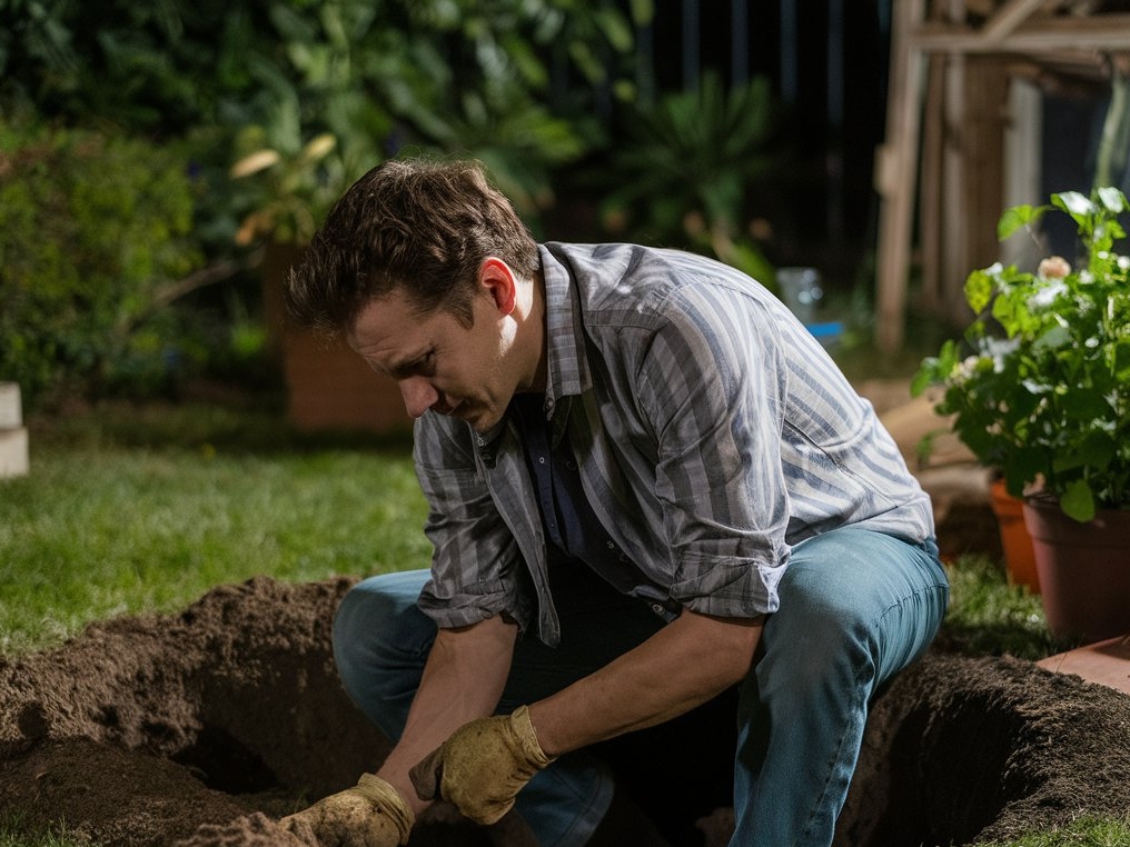 Un homme creusant plus profondément dans un trou dans un jardin | Source : Midjourney