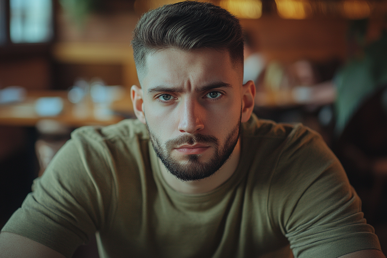 Un homme dans un restaurant qui regarde sérieusement et droit devant lui | Source : Midjourney