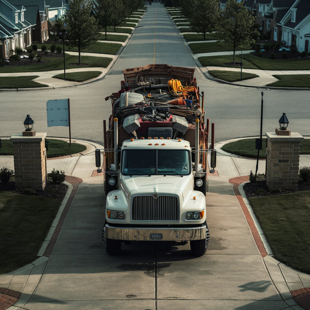 Un camion de chantier entièrement chargé garé dans une allée | Source : Midjourney