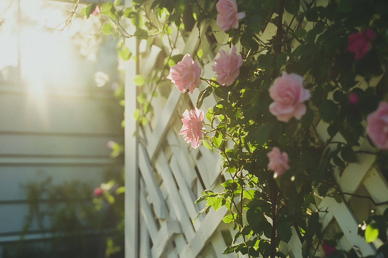 Roses roses poussant sur un treillis | Source : Midjourney