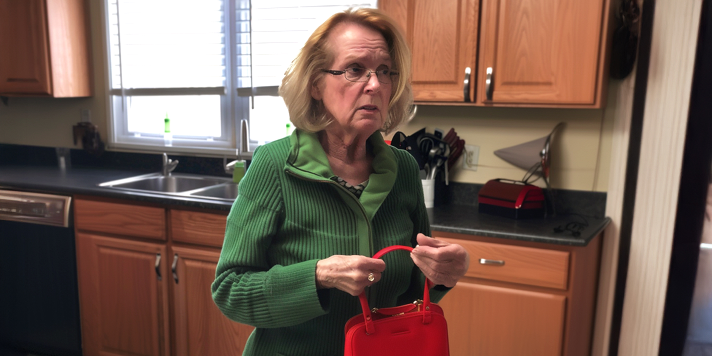 Une femme tendue dans une cuisine tenant son sac à main | Source : The Celebritist