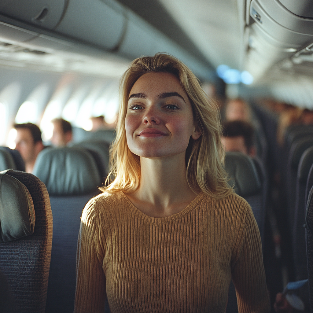 Une femme fière et heureuse marchant vers son siège d'avion | Source : Midjourney