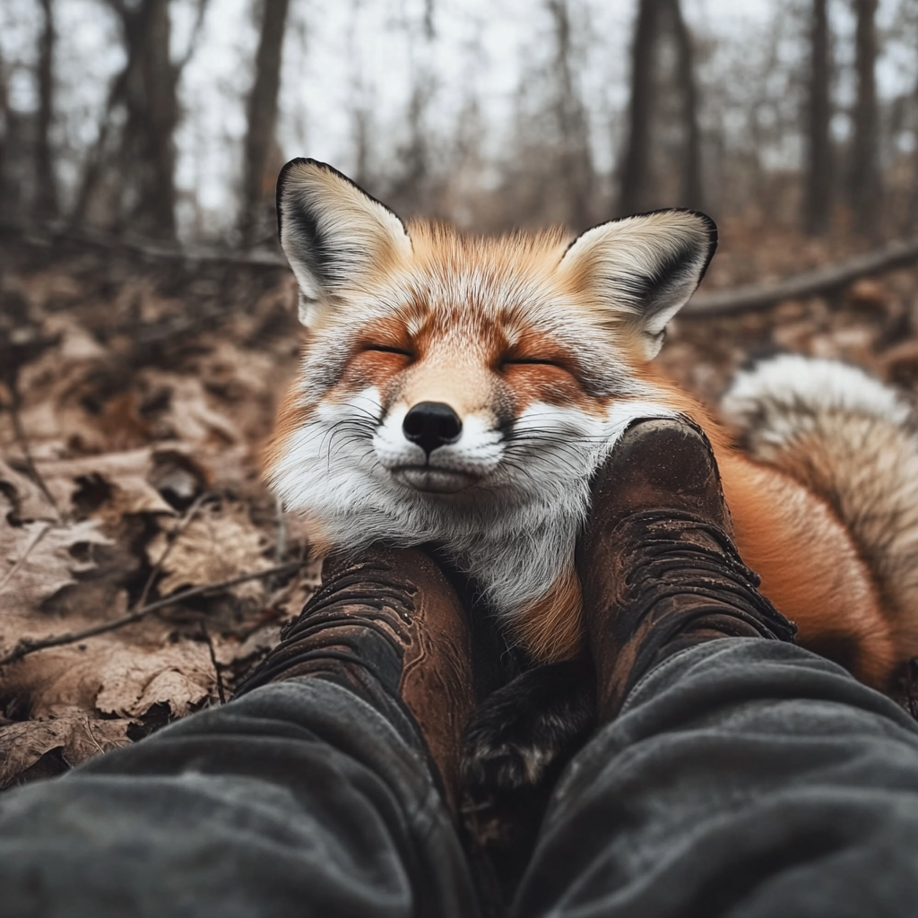 Un renard se blottit contre les pieds d'un homme | Source : Midjourney