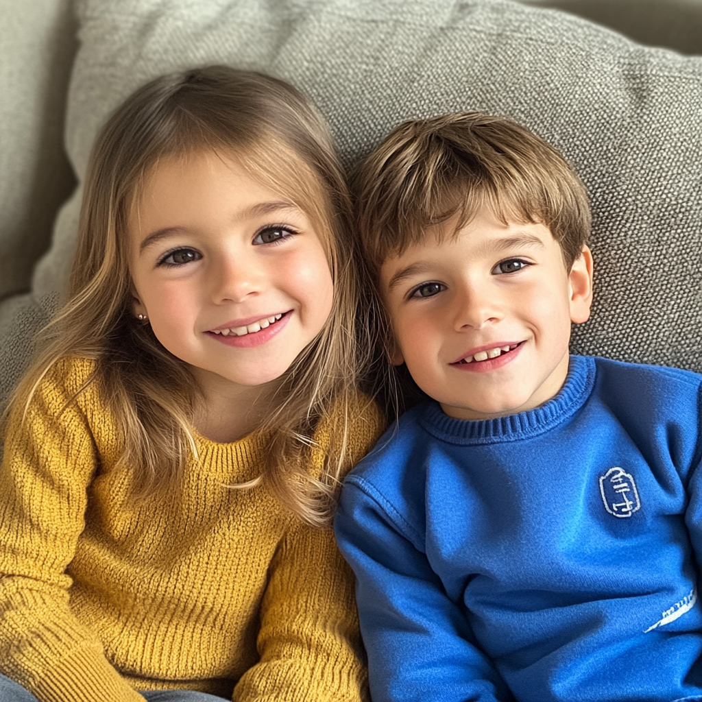 Des enfants souriants assis dans un salon | Source : Midjourney