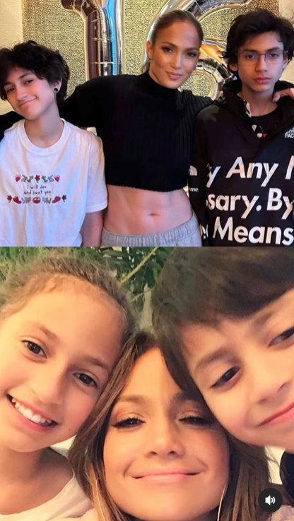 Photos de maintenant et d'après de Jennifer Lopez et de ses jumeaux Emme et Max Muñiz sur un post daté du 23 février 2025 | Source : Instagram/jlo