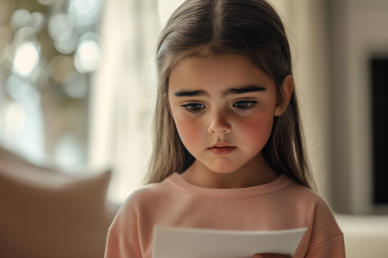 Une petite fille qui regarde un morceau de papier | Source : Midjourney