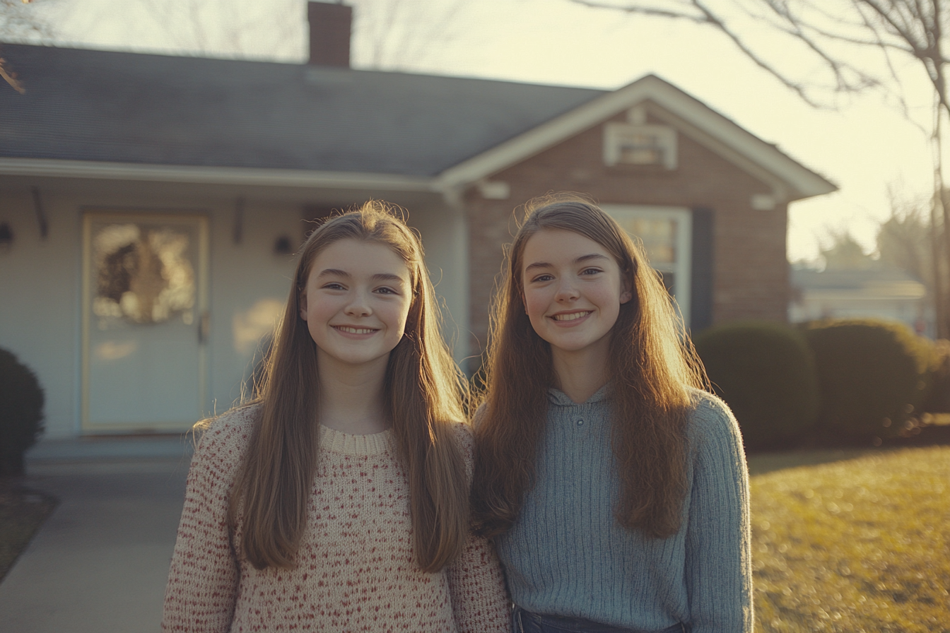 Deux sœurs debout devant leur maison | Source : Midjourney