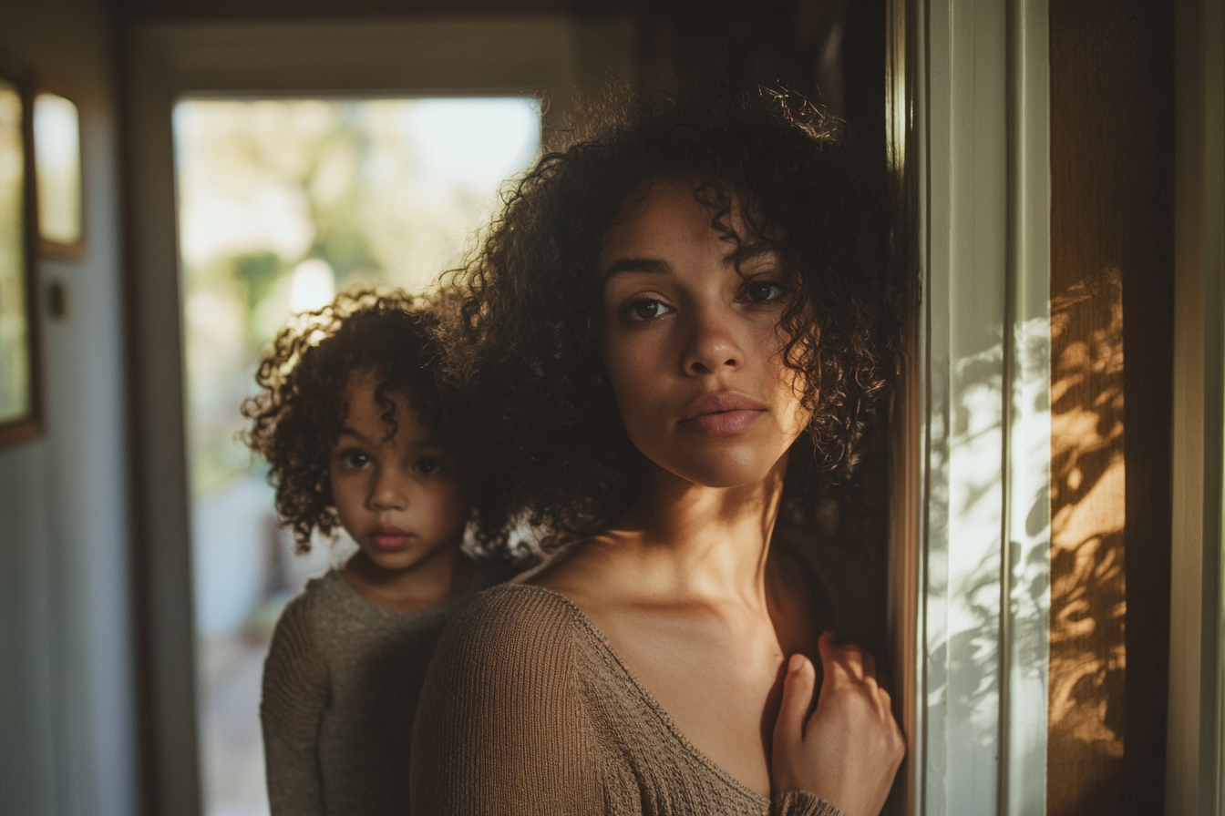 A woman leans against a wall while her daughter stands on something behind her | Source: Midjourney