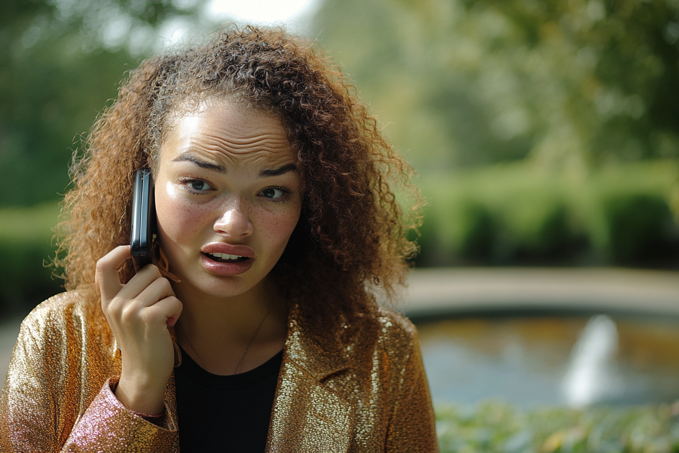 Une femme éberluée qui parle au téléphone | Source : Midjourney