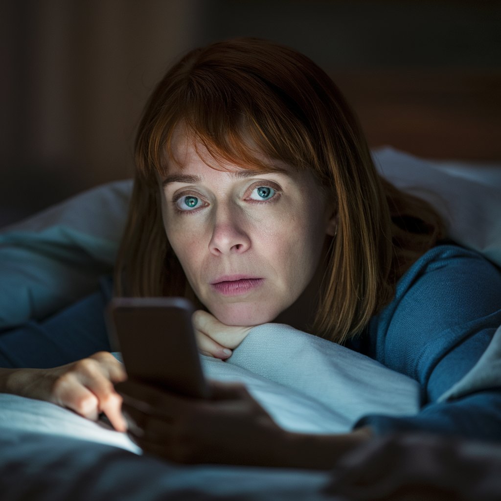 Une femme qui regarde son téléphone tard dans la nuit | Source : Midjourney