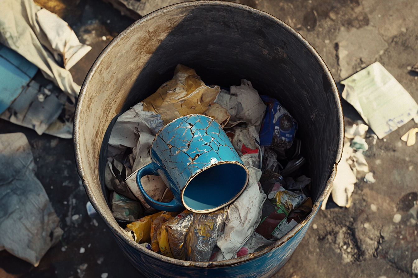 Une tasse à café en céramique bleue cassée dans une poubelle | Source : Midjourney