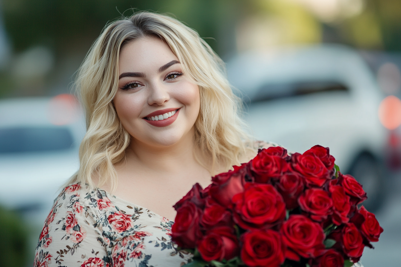 Une femme tenant un bouquet sourit à quelqu'un | Source : Midjourney