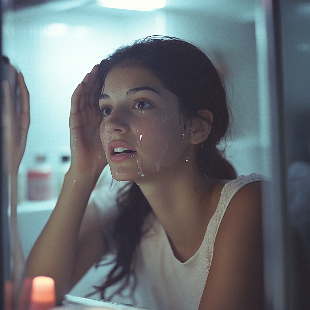 Une femme bouleversée dans la salle de bain | Source : Midjourney