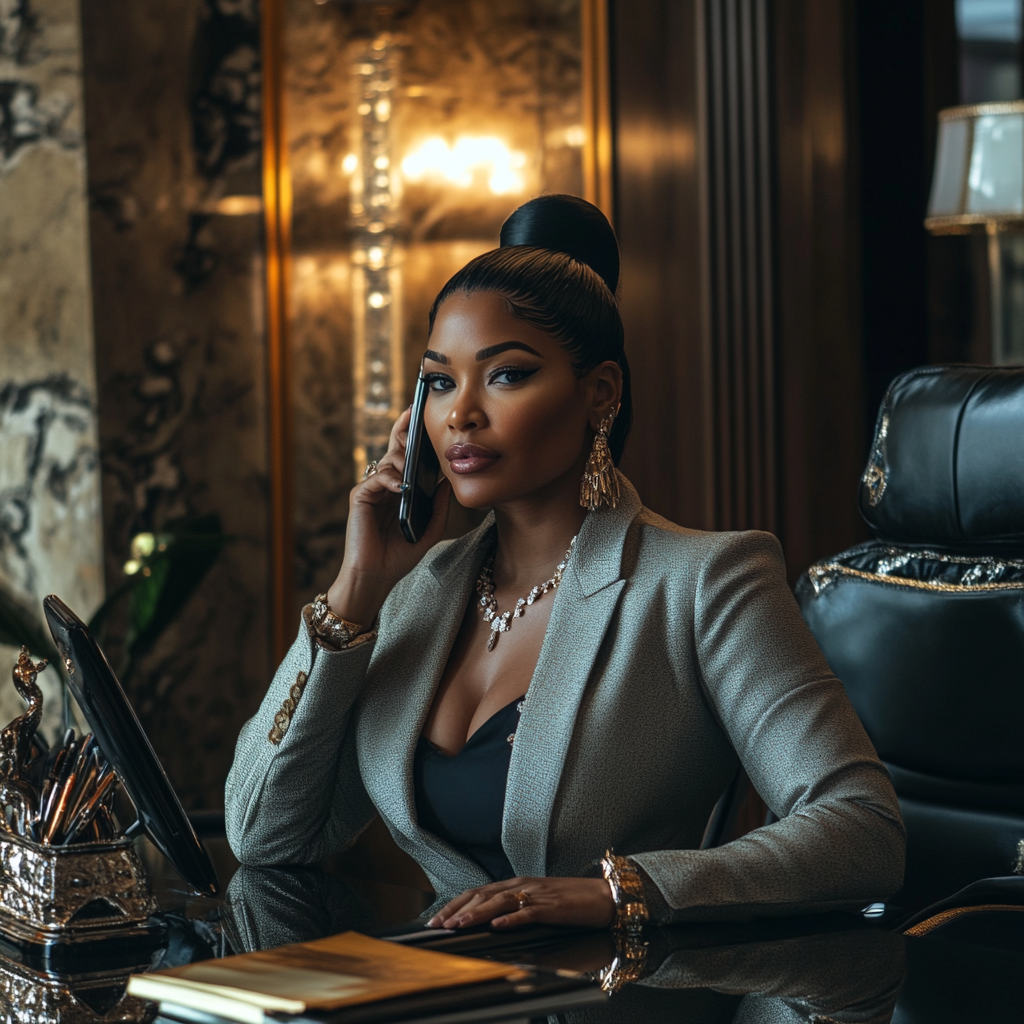 Femme sérieuse et riche dans son bureau, en train de parler au téléphone | Source : Midjourney