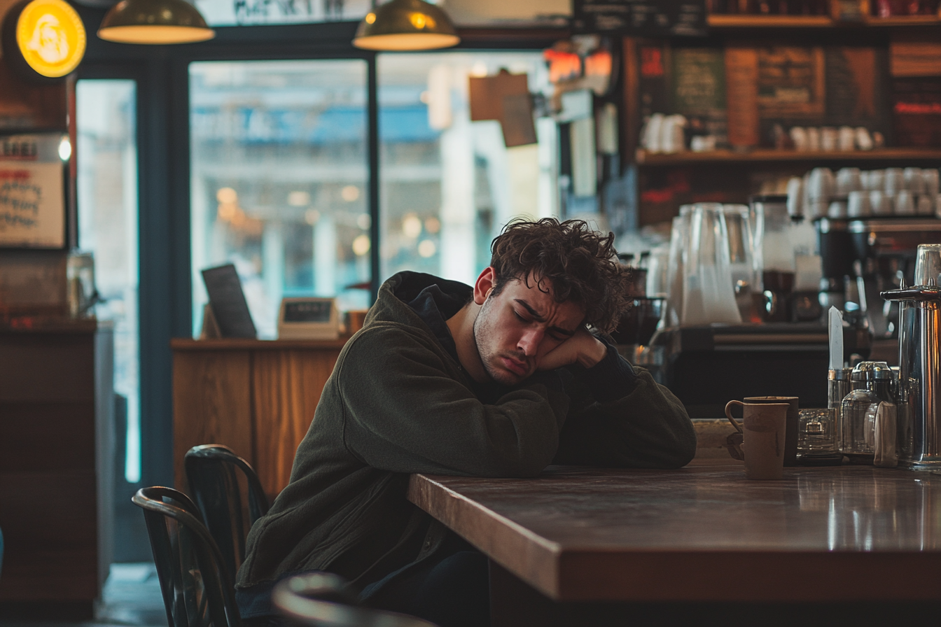 Homme triste dormant dans un café | Source : Midjourney