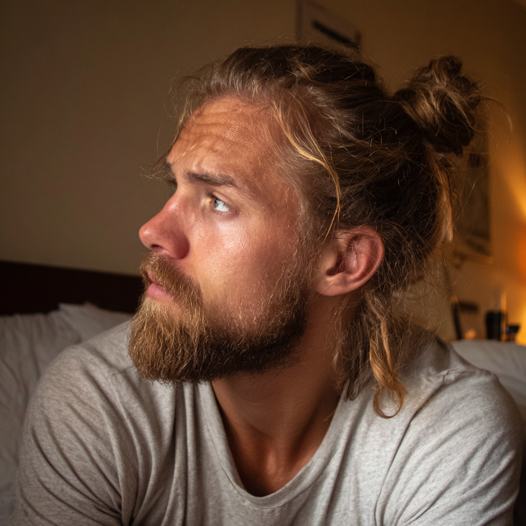 Un homme inquiet assis dans son lit | Source : Midjourney