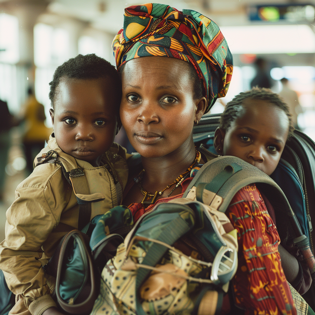 Une femme malheureuse avec deux enfants à l'aéroport | Source : Midjourney