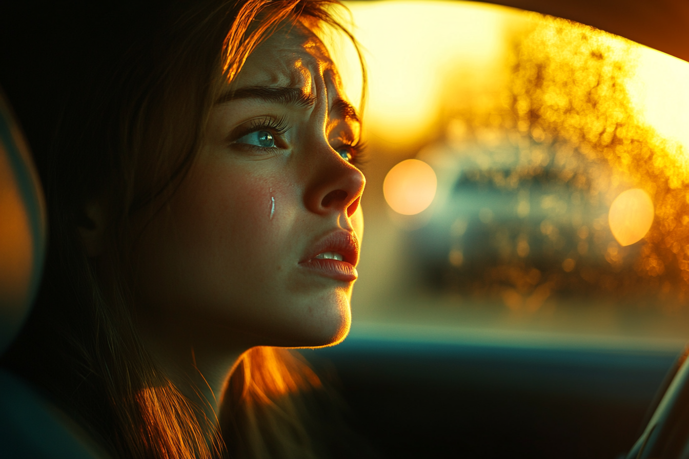 Une femme aux yeux pleins de larmes dans une voiture | Source : Midjourney