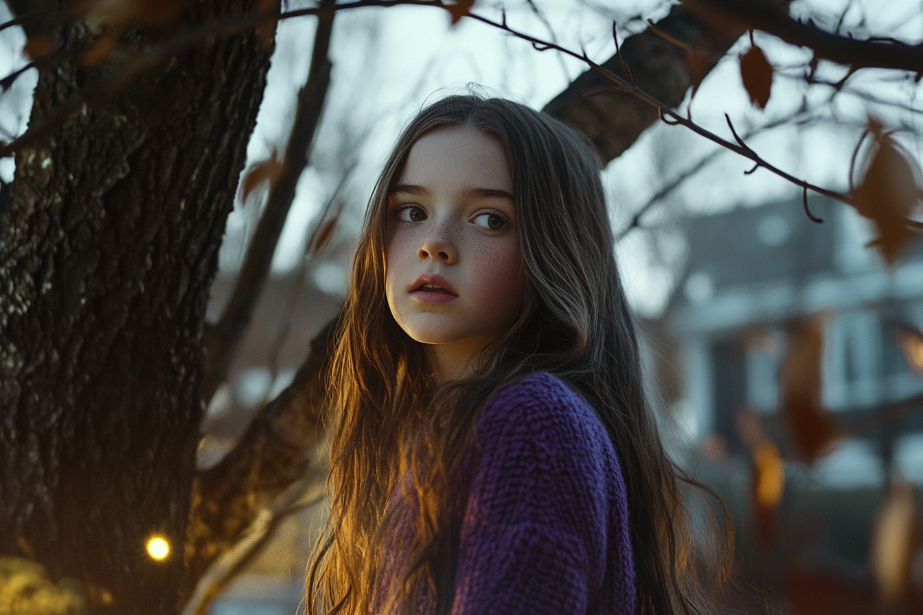 Une fille avec un pull violet | Source : Midjourney